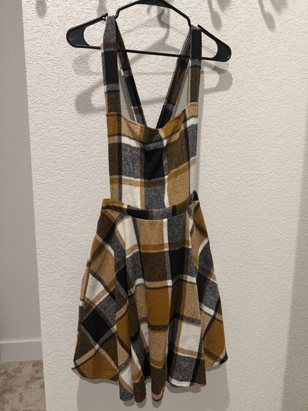 Plaid Jumper Skirt with Pinafore Straps - Mustard, Black & Cream